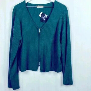 Made With Love Womens Cardigan Forest Green 2X V-Neck Zip Ribbed Wide Cuffs NWT